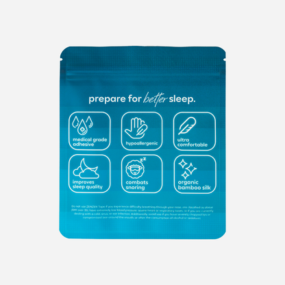 A blue Zenzentape Pacific Breeze Mouthtape pouch displays "prepare for better sleep" and icons highlighting medical-grade adhesive, hypoallergenic materials, ultra comfort, anti-snoring benefits, and organic bamboo silk.