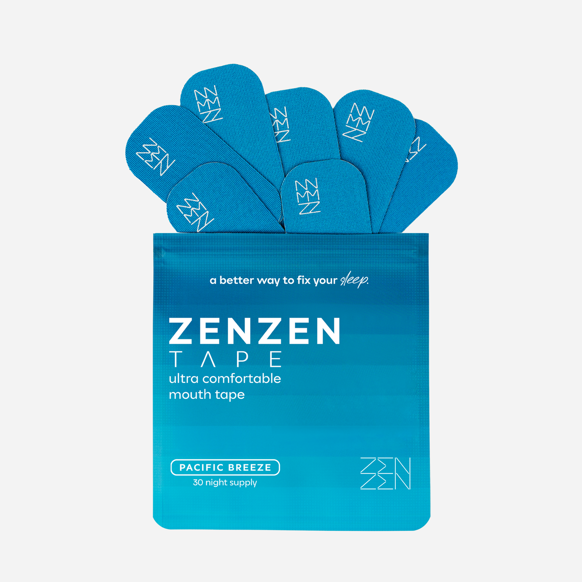 A blue packet labeled "Zenzentape" contains several blue, oval-shaped Pacific Breeze Mouthtape strips for sleep support. The packaging reads "ultra comfortable mouth tape" and offers a 30 night supply.