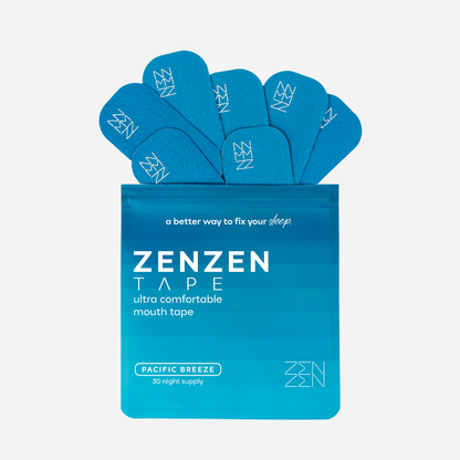 A blue packet labeled "Zenzentape" contains several blue, oval-shaped Pacific Breeze Mouthtape strips for sleep support. The packaging reads "ultra comfortable mouth tape" and offers a 30 night supply.