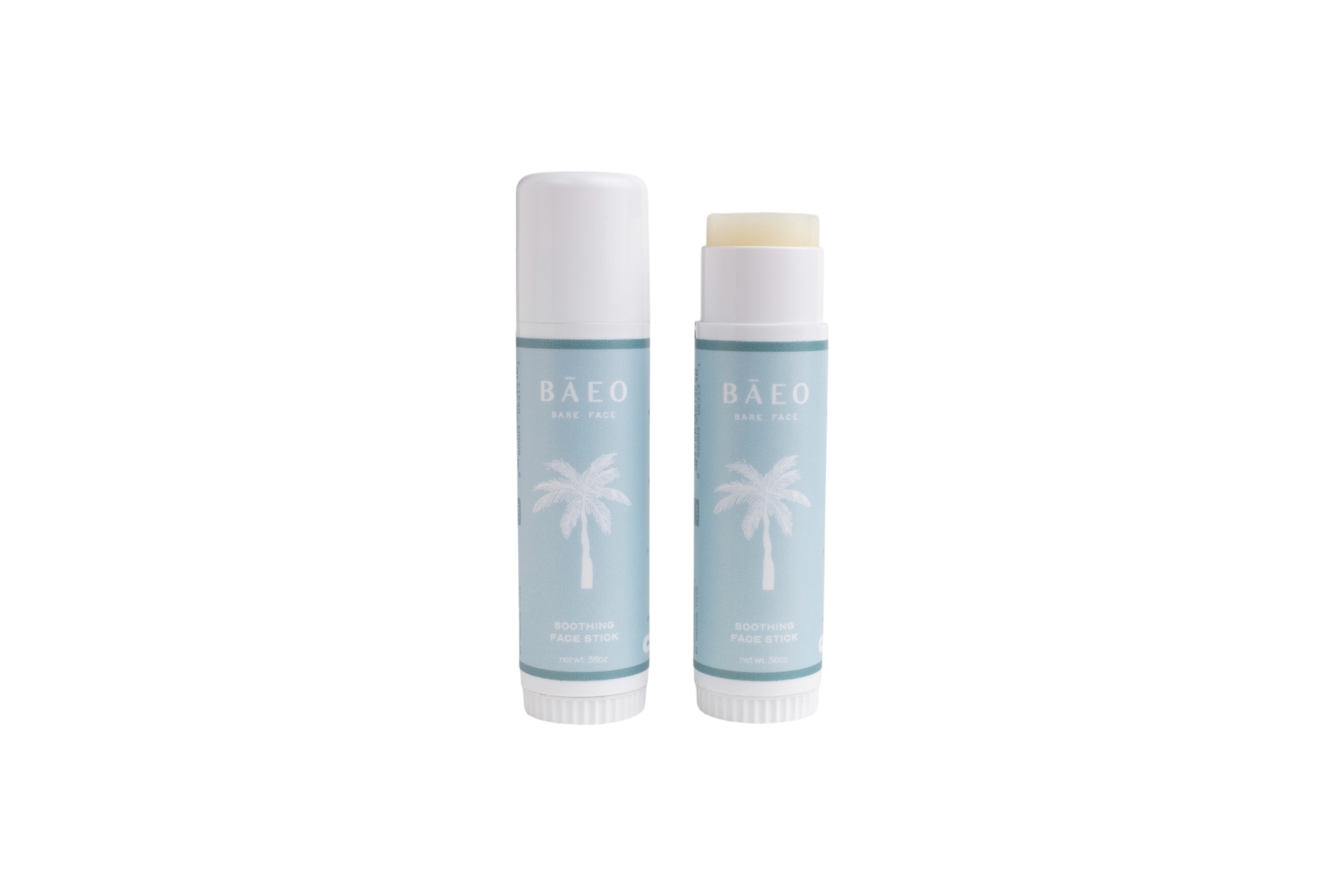 Two light blue tubes of bāeo bare face hydrating stick, with white palm tree graphics—one open to reveal the balm, one closed—are shown on a white background. Made with organic botanicals for gentle skin care.