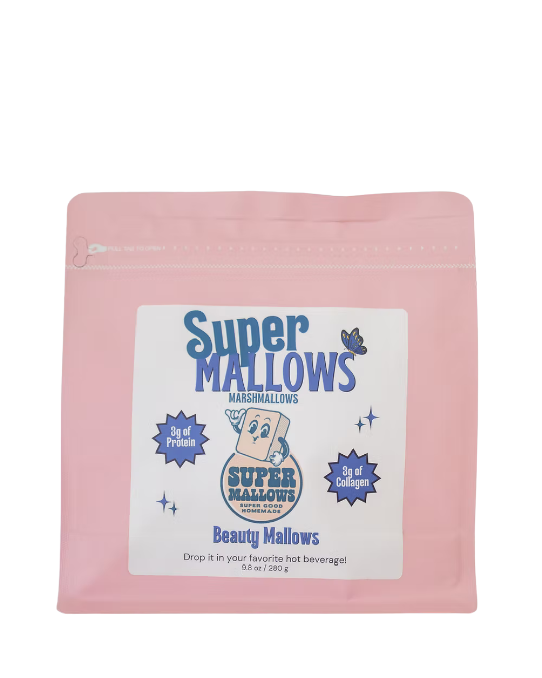 A pink resealable pouch labeled "Beauty Mallow Super Mallow 8-pack" by Super Mallows shows a smiling marshmallow, features 3g protein and 3g collagen, and suggests adding this glow-boosting treat to hot beverages.