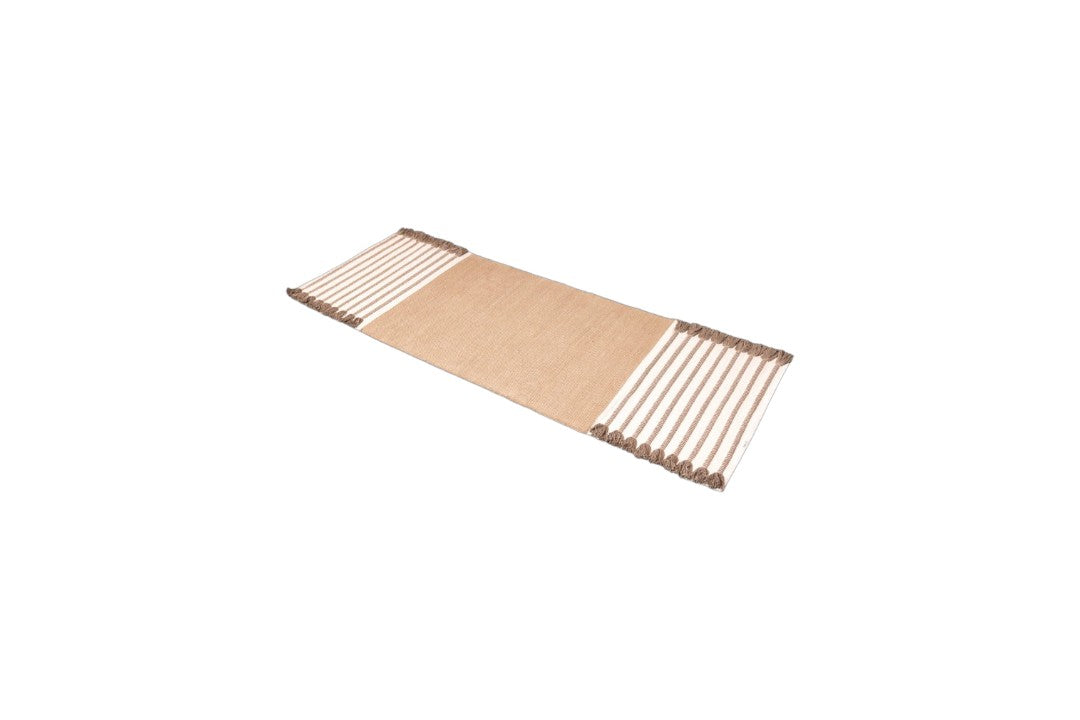 Introducing the Harda Ayurvedic Yoga Mat by Bennd Yoga, a rectangular mat crafted from organic cotton featuring a natural beige center and edged with alternating brown and white striped patterns.