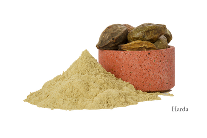 A terracotta bowl filled with whole harda fruits is positioned next to a heap of their beige powdered form, showcasing the key ingredients for the Harda Ayurvedic Yoga Mat by Bennd Yoga. The word "Harda" appears in the bottom right corner against a plain white background.
