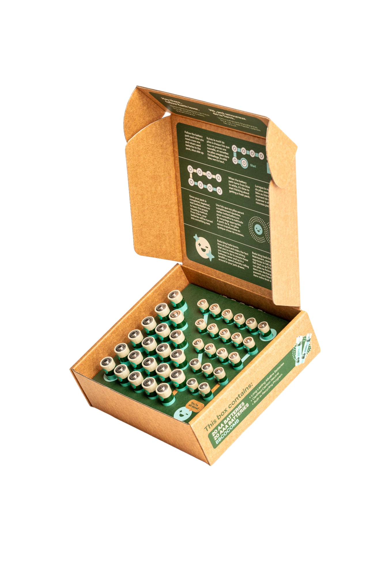 An open cardboard box showcases rows of small, alkaline AA and AAA batteries neatly arranged inside. The inside lid of the box is printed with instructions and information. The exterior displays visual elements and additional text about its recyclable packaging from Better Battery Co.'s AA, AAA Combo Battery Pack. The background is plain black.