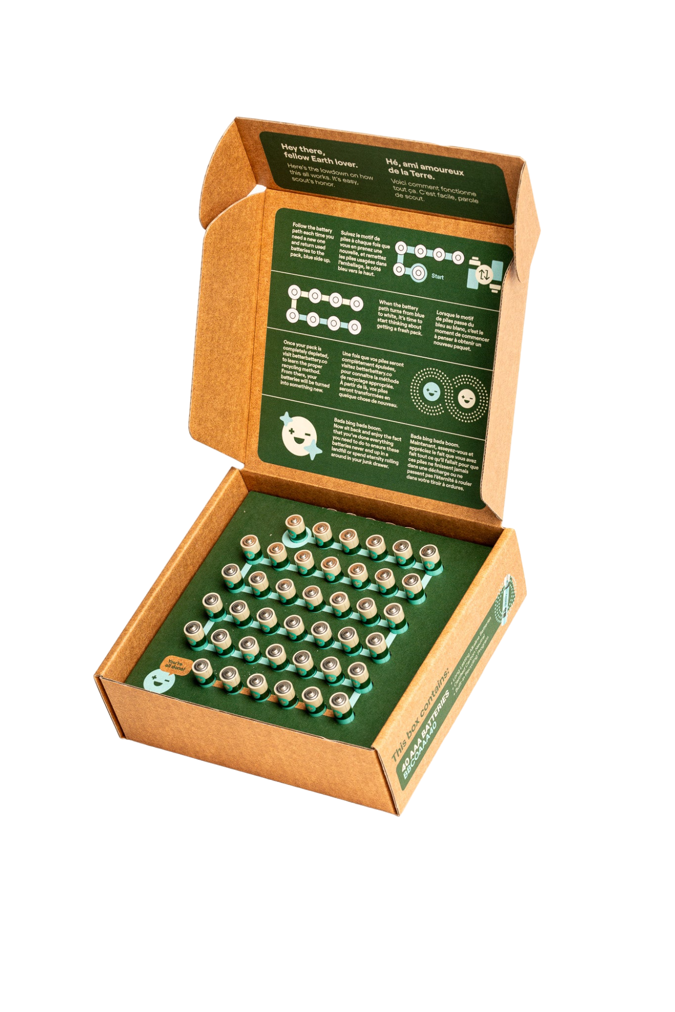 An open cardboard box from Better Battery Co., neatly holding multiple AAA batteries arranged in rows. The inside lid features printed instructions and safety information. Promoted as a sustainable product, the AAA 40 Battery Pack ensures a 10-year shelf-life. The box is displayed against a black background.