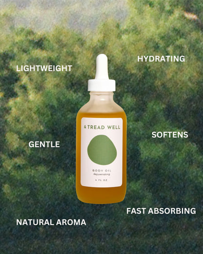 A bottle of & Tread Well Body Oil with a dropper cap sits against a green, leafy background. Text describes its hydrating, lightweight formula that absorbs quickly and helps preserve your skin’s natural barrier.