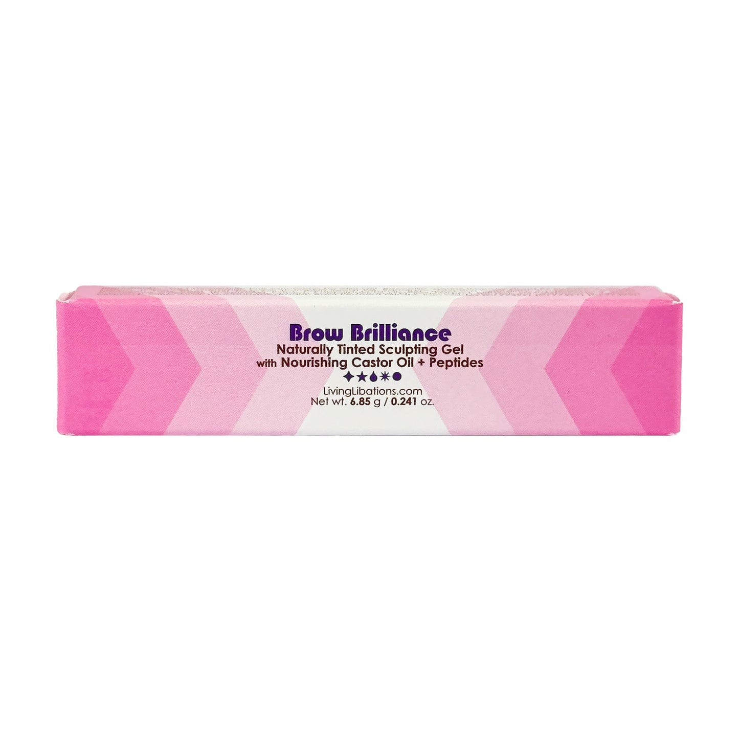 Living Libations Brow Brilliance - Naturally Tinted Sculpting Gel, in a pink and white rectangular box, supports natural brows and growth with nourishing castor oil and peptides. Contains 6.85g (0.241 oz).