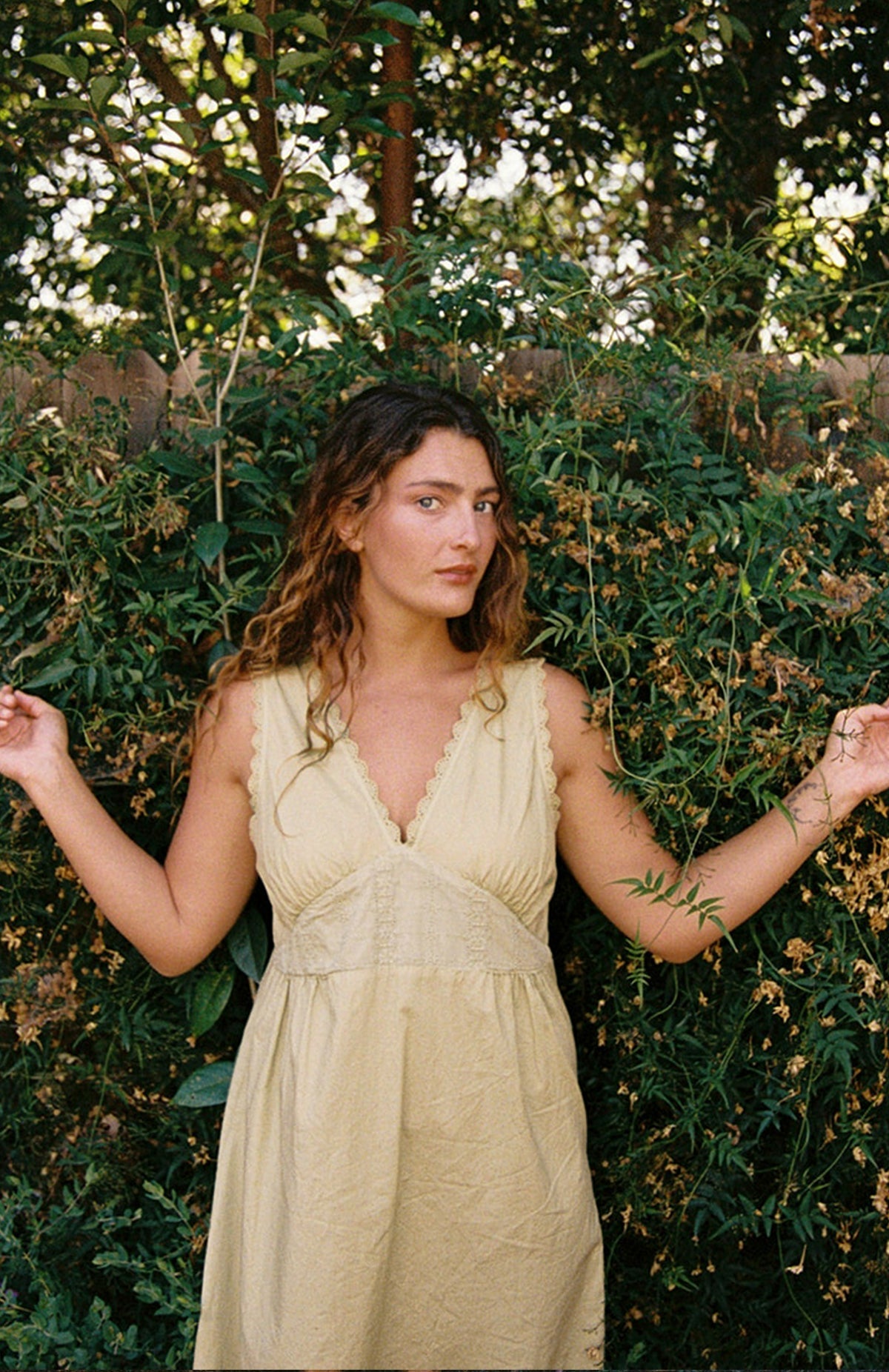 Butter - A woman with wavy brown hair stands before dense green foliage, holding branches, and calmly faces the camera in the LA RELAXED Makinna Poplin Dress—an organic light yellow dress with cotton lace trim.