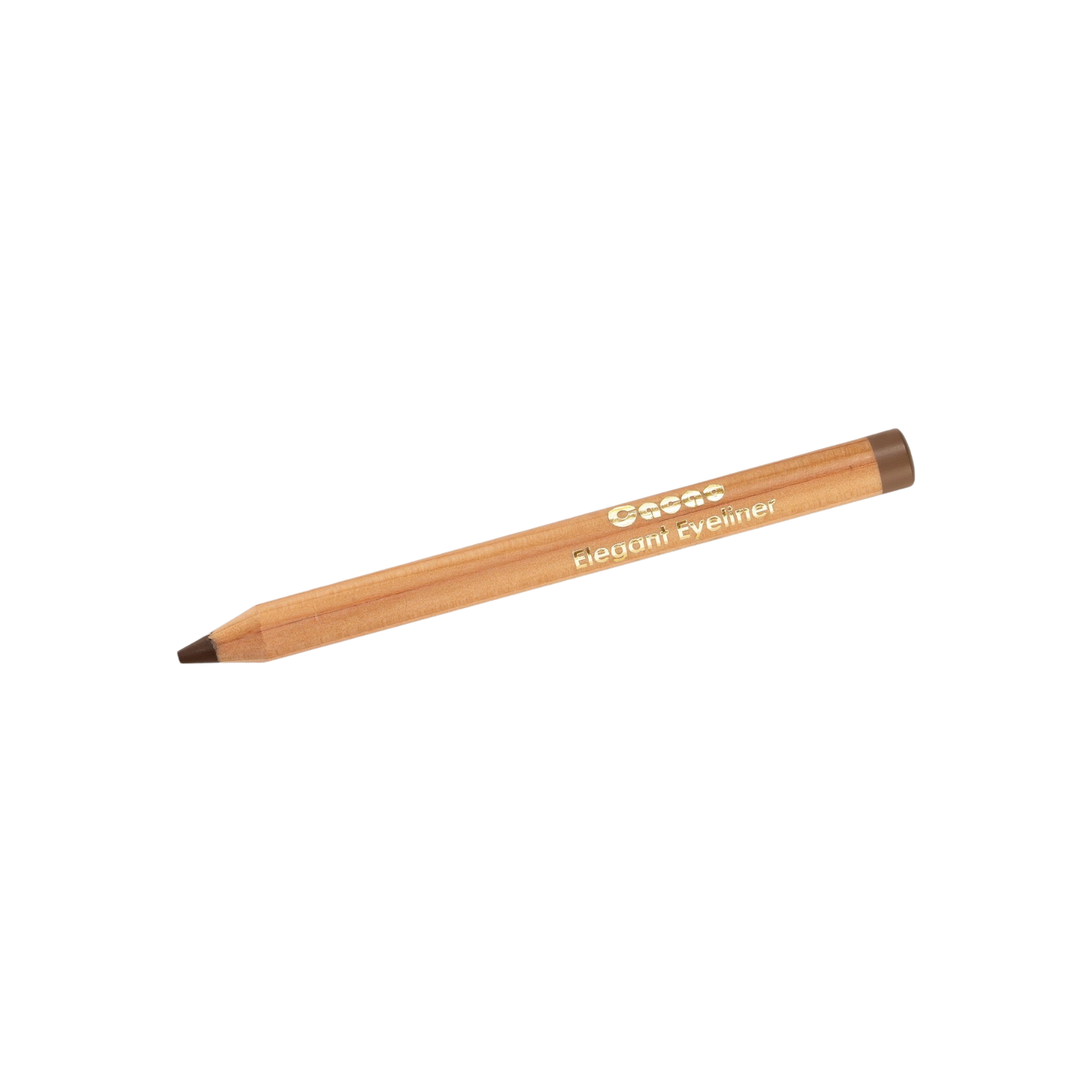 A light brown crayon-like makeup pencil labeled "CACAO Elegant Eyeliner" from Living Libations lies on a white surface. The high-glide pencil liner, with its wooden body and dark brown tip and end, promises an effortless application.
