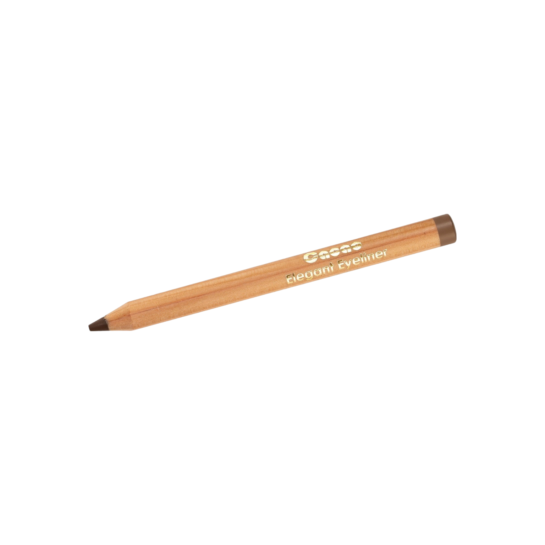 A light brown crayon-like makeup pencil labeled "CACAO Elegant Eyeliner" from Living Libations lies on a white surface. The high-glide pencil liner, with its wooden body and dark brown tip and end, promises an effortless application.