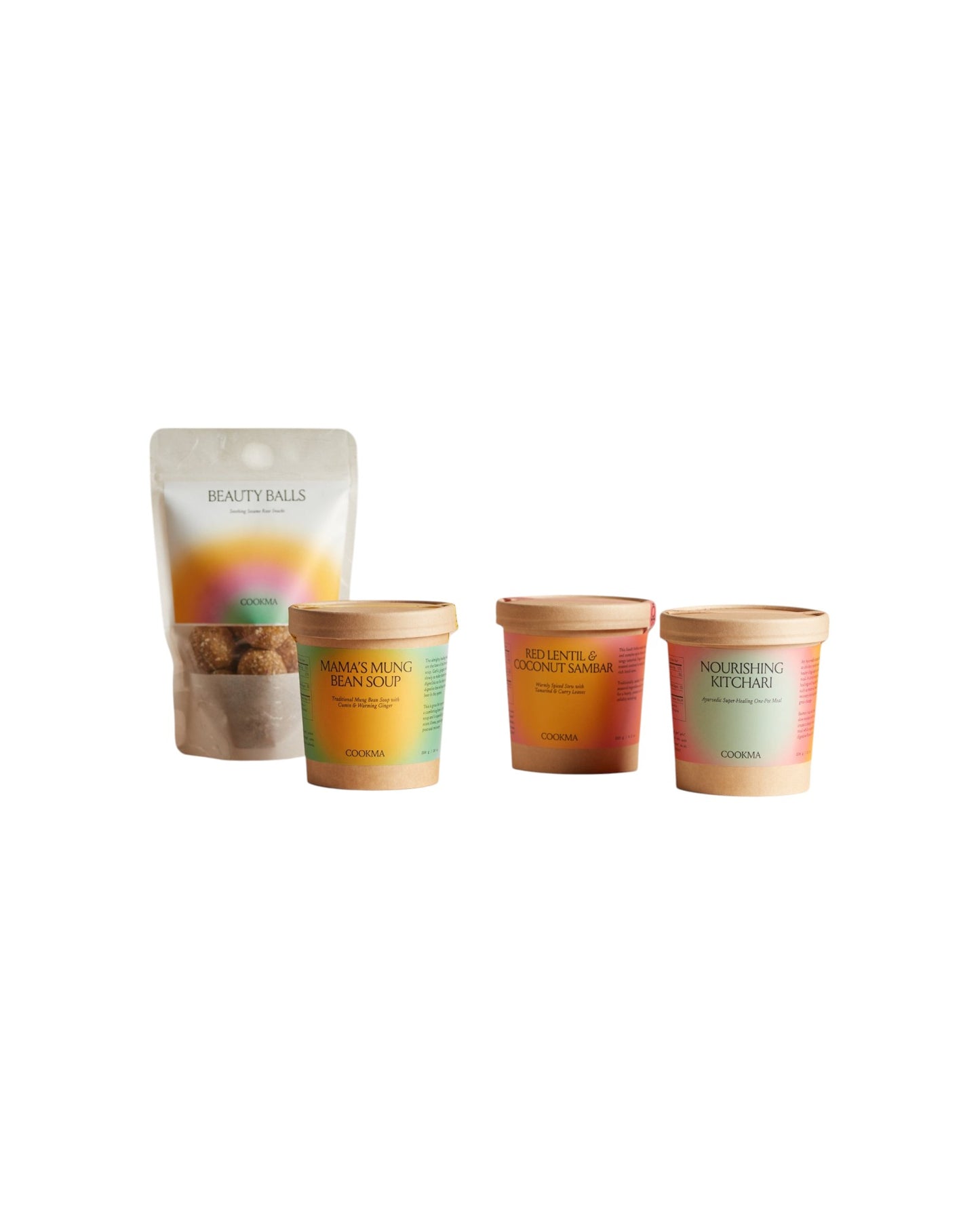 The Cookma Wellness Bundle features four food containers on a white background: a "Beauty Balls" pouch and tubs of "Mamas Mung Bean Soup," "Red Lentil & Coconut Samber," and "Nourishing Kitchari.