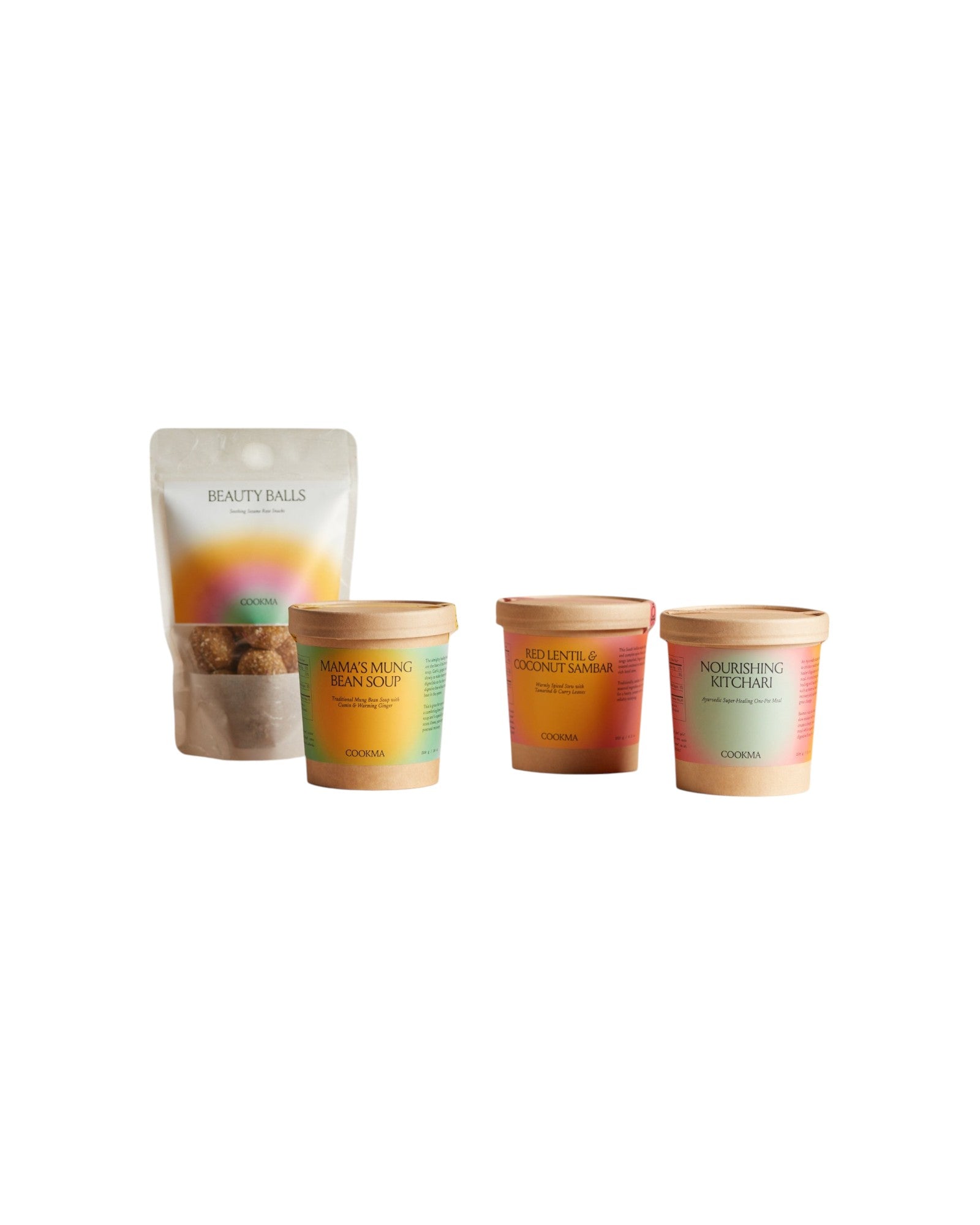 The Cookma Wellness Bundle features four food containers on a white background: a "Beauty Balls" pouch and tubs of "Mamas Mung Bean Soup," "Red Lentil & Coconut Samber," and "Nourishing Kitchari.