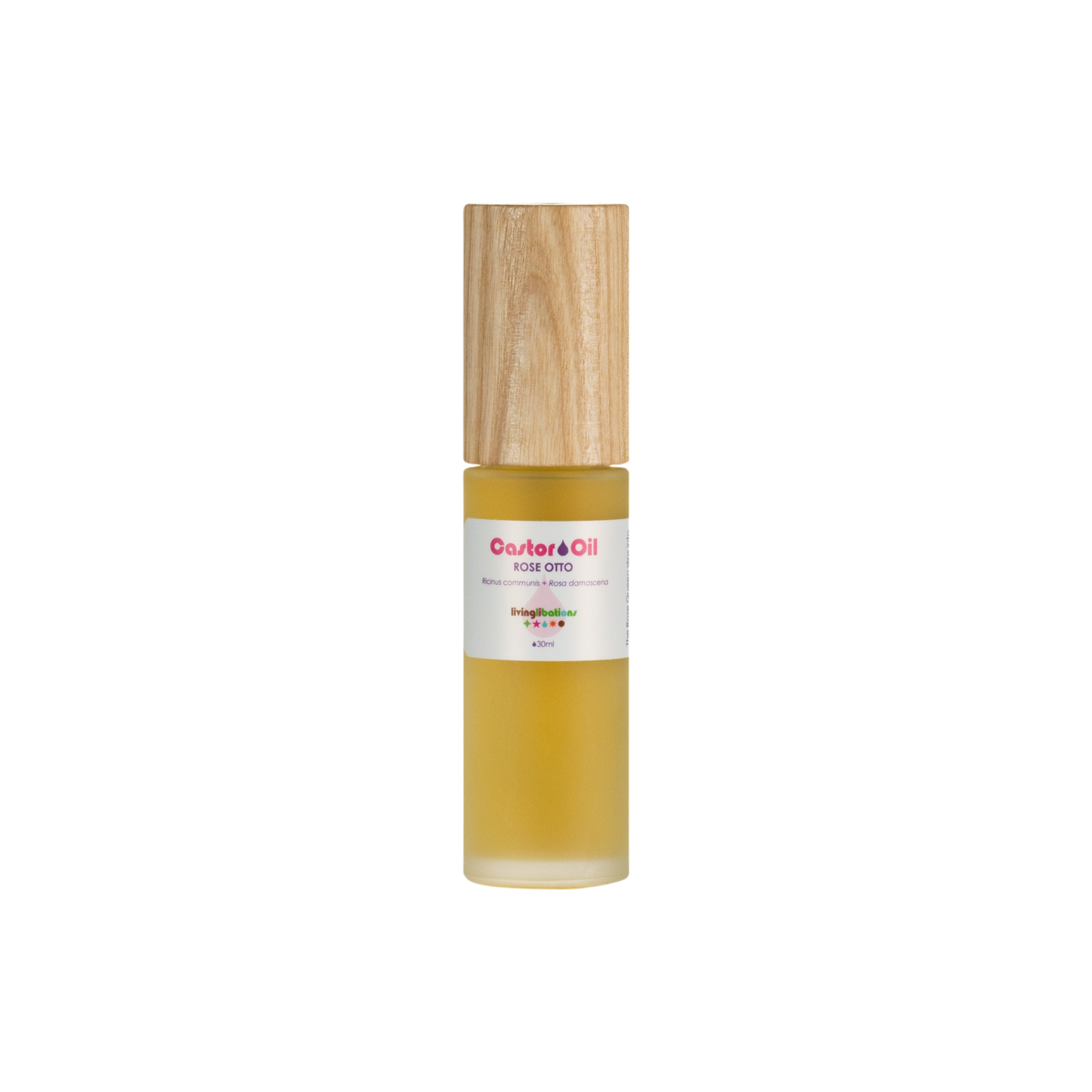 The product is a glass bottle with a wooden cap containing Living Libations' Castor Oil + Rose Otto. It features a white label with red text emphasizing its rich ricinoleic acids for nourishing benefits.