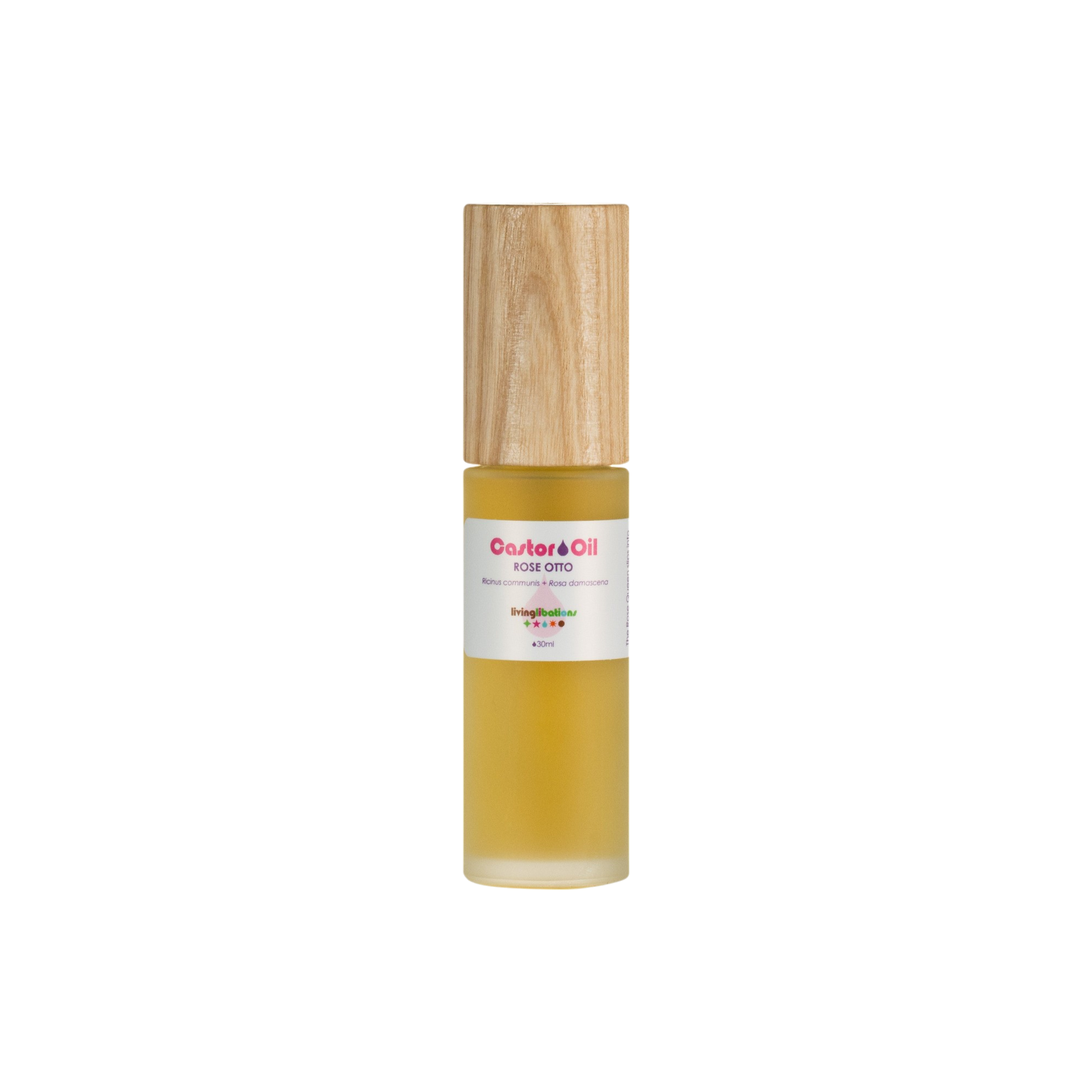 The product is a glass bottle with a wooden cap containing Living Libations' Castor Oil + Rose Otto. It features a white label with red text emphasizing its rich ricinoleic acids for nourishing benefits.