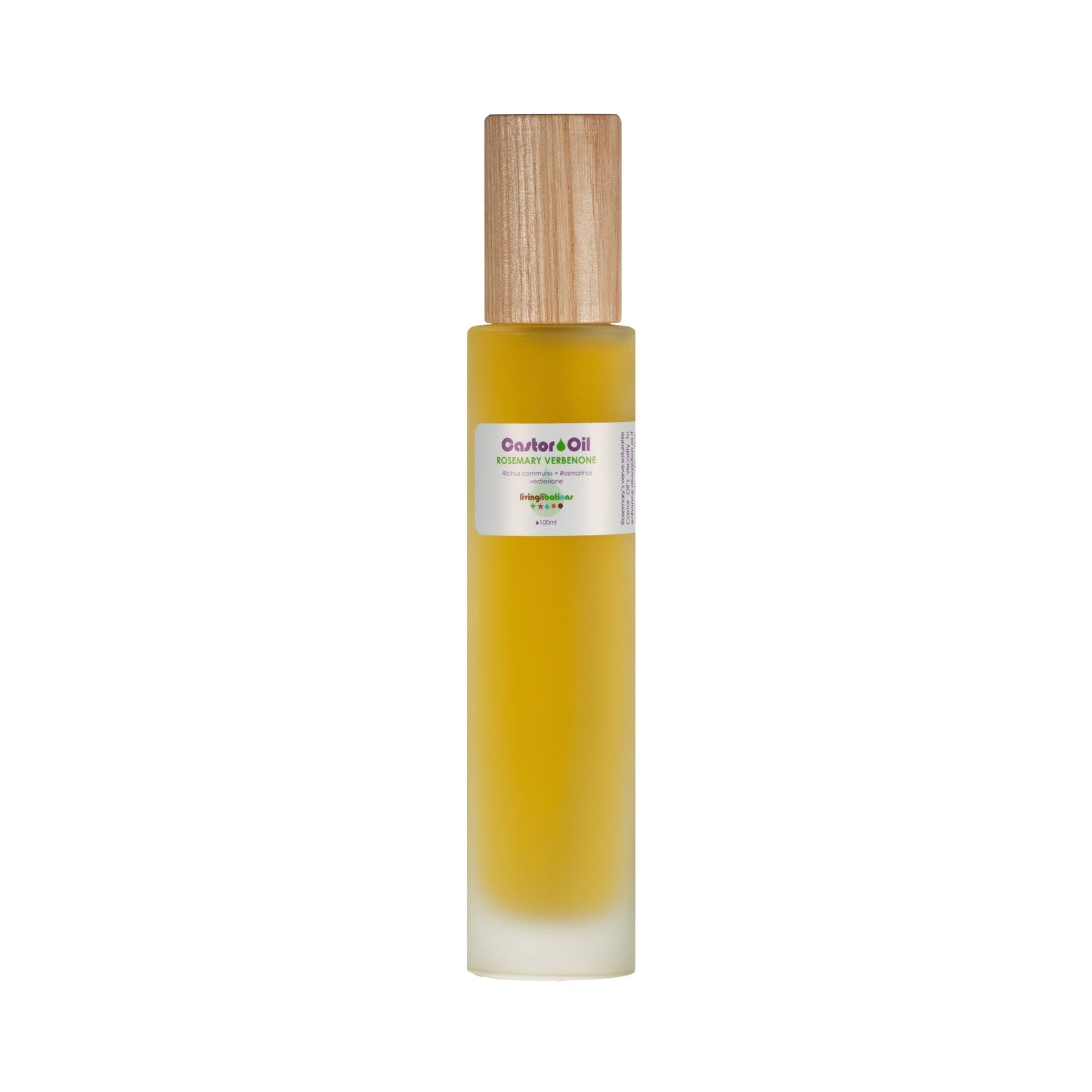 A tall, frosted glass bottle with a light wood cap holds yellow liquid rich in ricinoleic acids. The label says "Castor Oil + Rosemary Verbenone" by Living Libations, ideal for supporting skin conditions, set against a plain white background.
