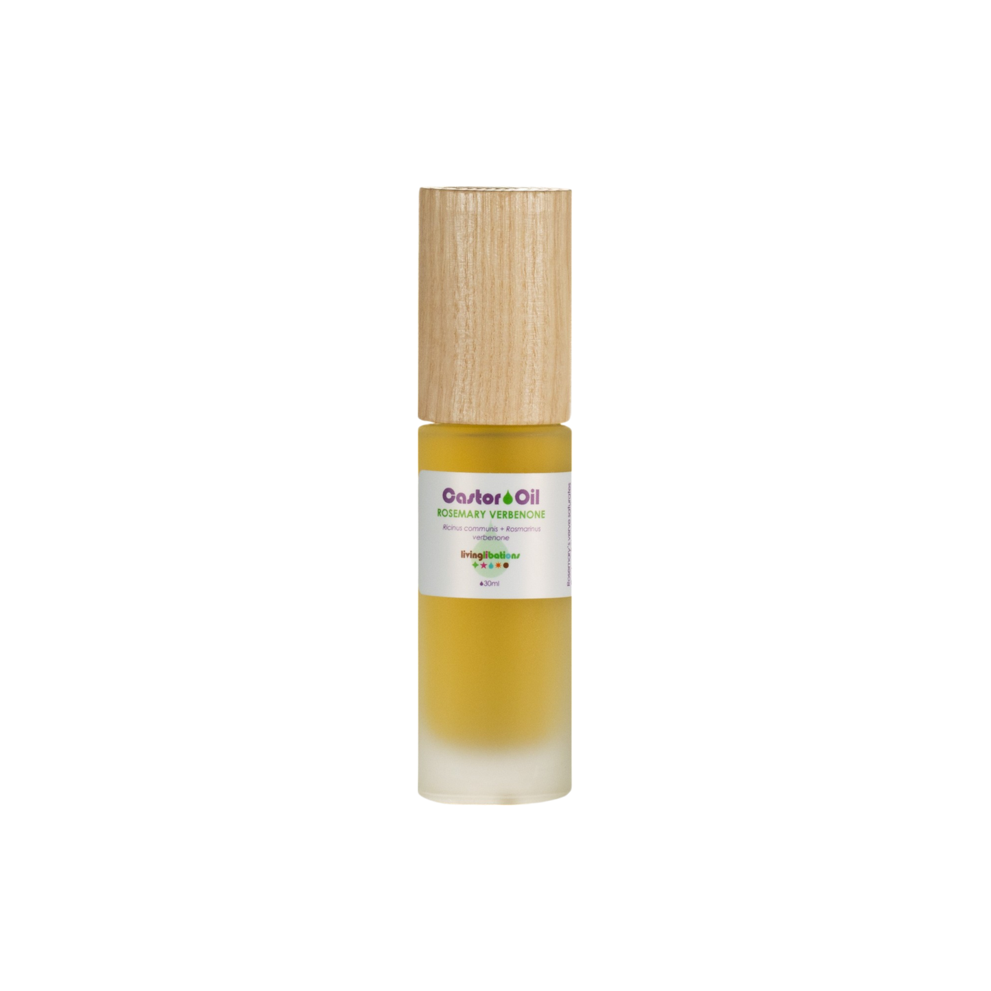 The Living Libations Castor Oil + Rosemary Verbenone comes in a small glass bottle with a wooden cap, revealing amber liquid high in ricinoleic acid through its frosted bottom.