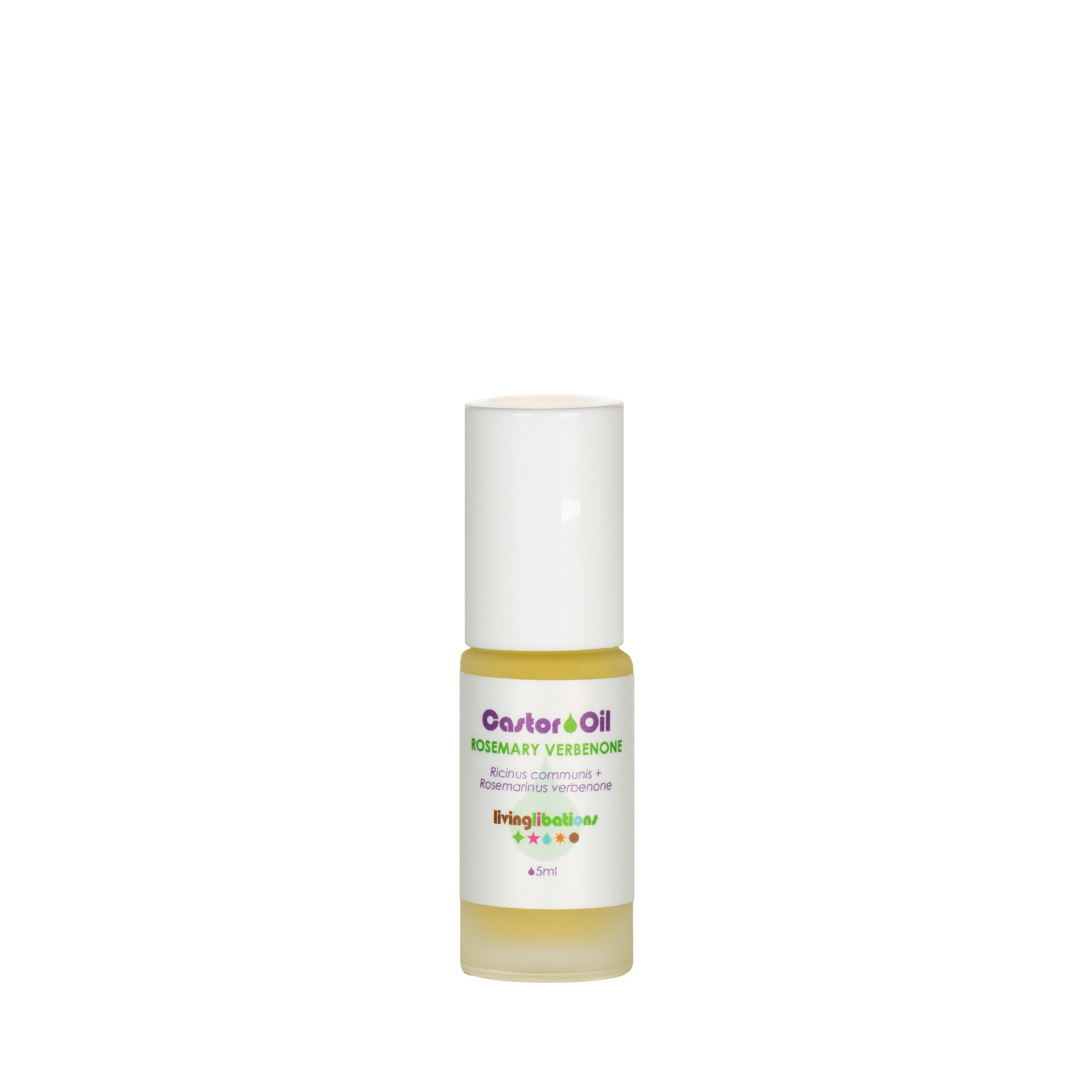 A small transparent bottle of Living Libations' Castor Oil + Rosemary Verbenone includes a white cap and a colorful label. This pale yellow oil is rich in ricinoleic acids, known for addressing various skin conditions.