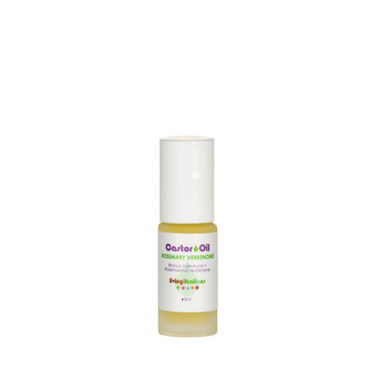 A small transparent bottle of Living Libations' Castor Oil + Rosemary Verbenone includes a white cap and a colorful label. This pale yellow oil is rich in ricinoleic acids, known for addressing various skin conditions.