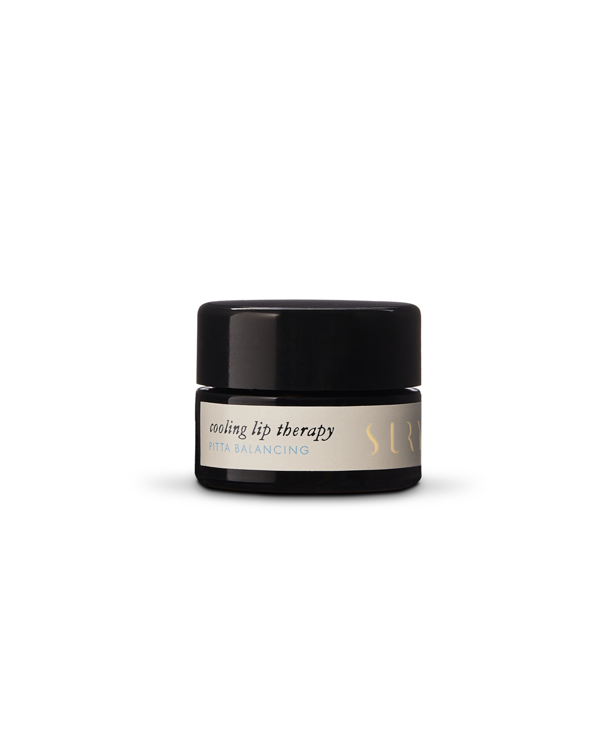 A small black cylindrical container of Cooling Lip Therapy, labeled "Pitta Balancing" in gold and white text on a light-colored background, with the brand name "Surya" partially visible. This lip balm features natural blends creating an organic ingredient base for soothing relief.