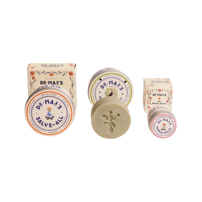 Dr. Max's Adult Essentials Bundle includes Salve-All, Olive Oil Soap, and Nipple Balm—each in charming vintage-inspired packaging with their boxes.