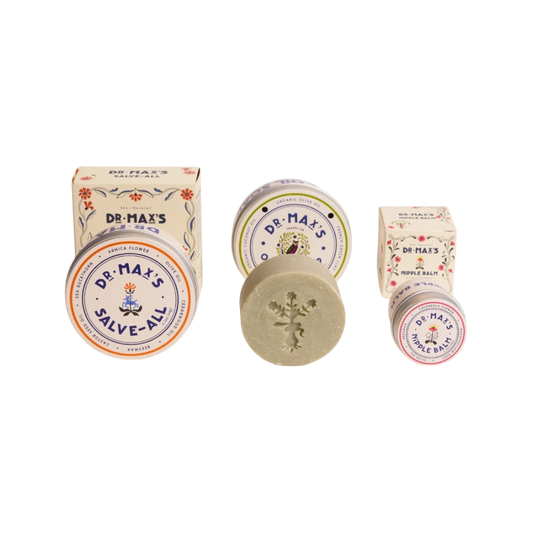 Dr. Max's Adult Essentials Bundle includes Salve-All, Olive Oil Soap, and Nipple Balm—each in charming vintage-inspired packaging with their boxes.