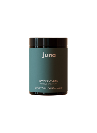 A dark green Juna bottle labeled "Detox Digestive Enzymes" with "de-bloat, cleanse, digest," and "60 capsules" on the front. Contains digestive enzymes to support gut health. The background is plain black.