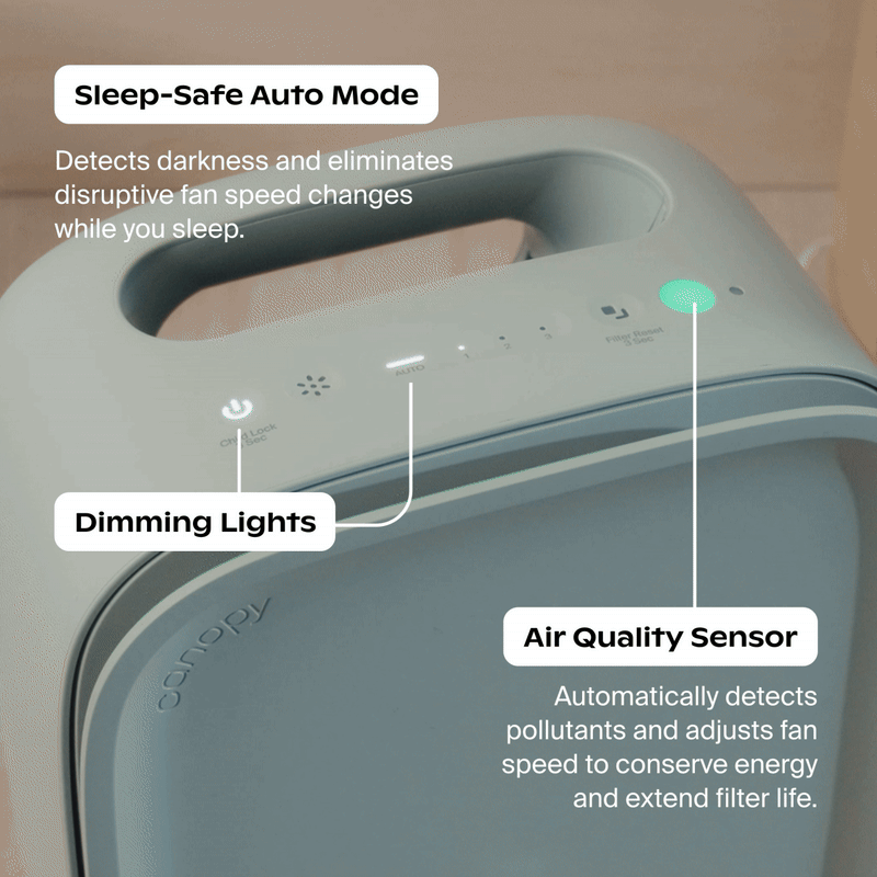 White Cream Jade Moonstruck Clara Peirce Polly A close-up of the Canopy Bedside Air Purifier’s top control panel shows labeled features—Sleep-Safe Auto Mode, Dimming Lights, and Air Quality Sensor—with overlaid text briefly describing each function.