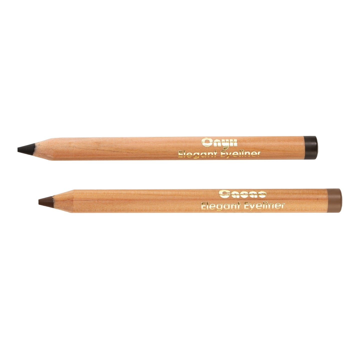 Two wooden eyeliner pencils from Living Libations are shown laying horizontally. The top pencil has a black tip, while the bottom one features a rich chocolate-brown eyeliner tip. Both pencils, made with an organic formula, have gold lettering that reads "CACAO Elegant Eyeliner.