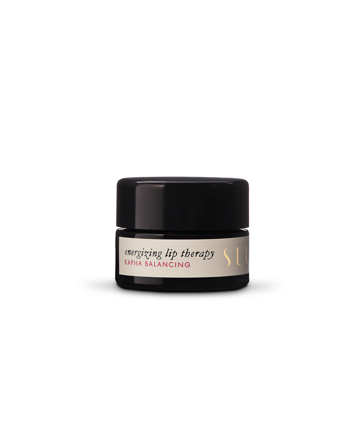 A small black jar featuring a white label with the text "Energizing Lip Therapy - Kapha Balancing" by Surya. The natural lip therapy is packaged in a jar with a black lid and gold embossed text on the label, set against a neutral background.