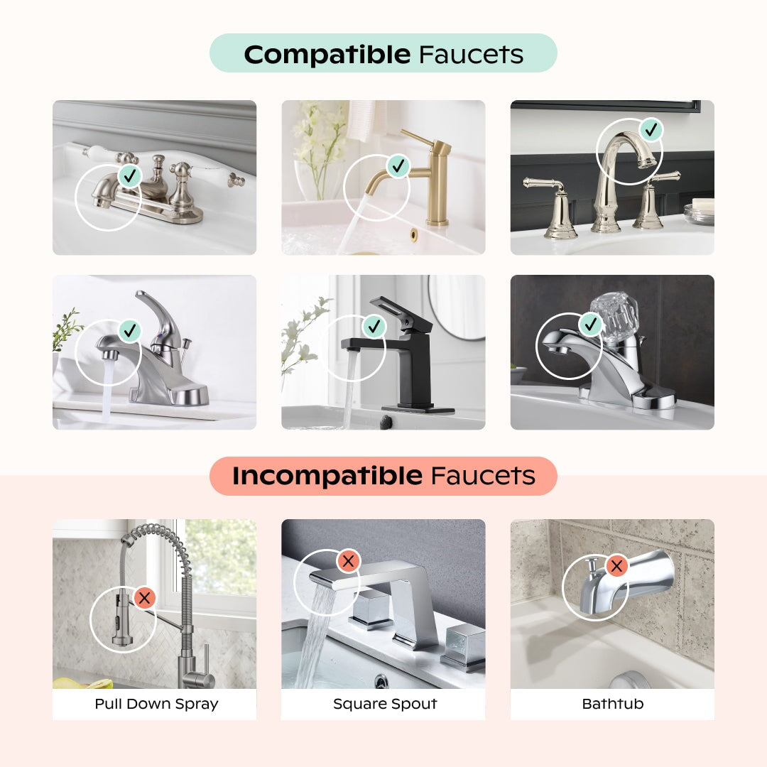 A chart for the Canopy Faucet Filter shows compatible faucets with checkmarks—like three bathroom sink styles—and incompatible ones with Xs, such as pull down spray, square spout, and bathtub faucets. Each faucet type includes a clear photo.