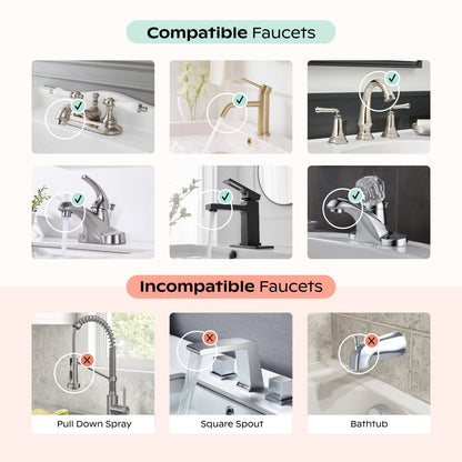 A chart for the Canopy Faucet Filter shows compatible faucets with checkmarks—like three bathroom sink styles—and incompatible ones with Xs, such as pull down spray, square spout, and bathtub faucets. Each faucet type includes a clear photo.
