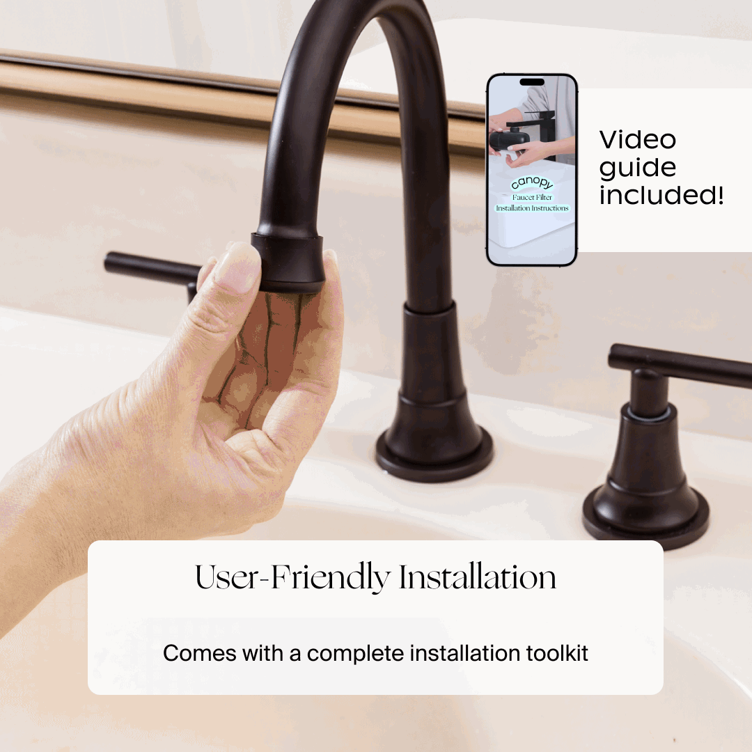 A hand installs the Canopy Faucet Filter in a sink. A phone shows a video guide, and text reads: "Video guide included! Easy installation with full toolkit. Fulfilled by Canopy.