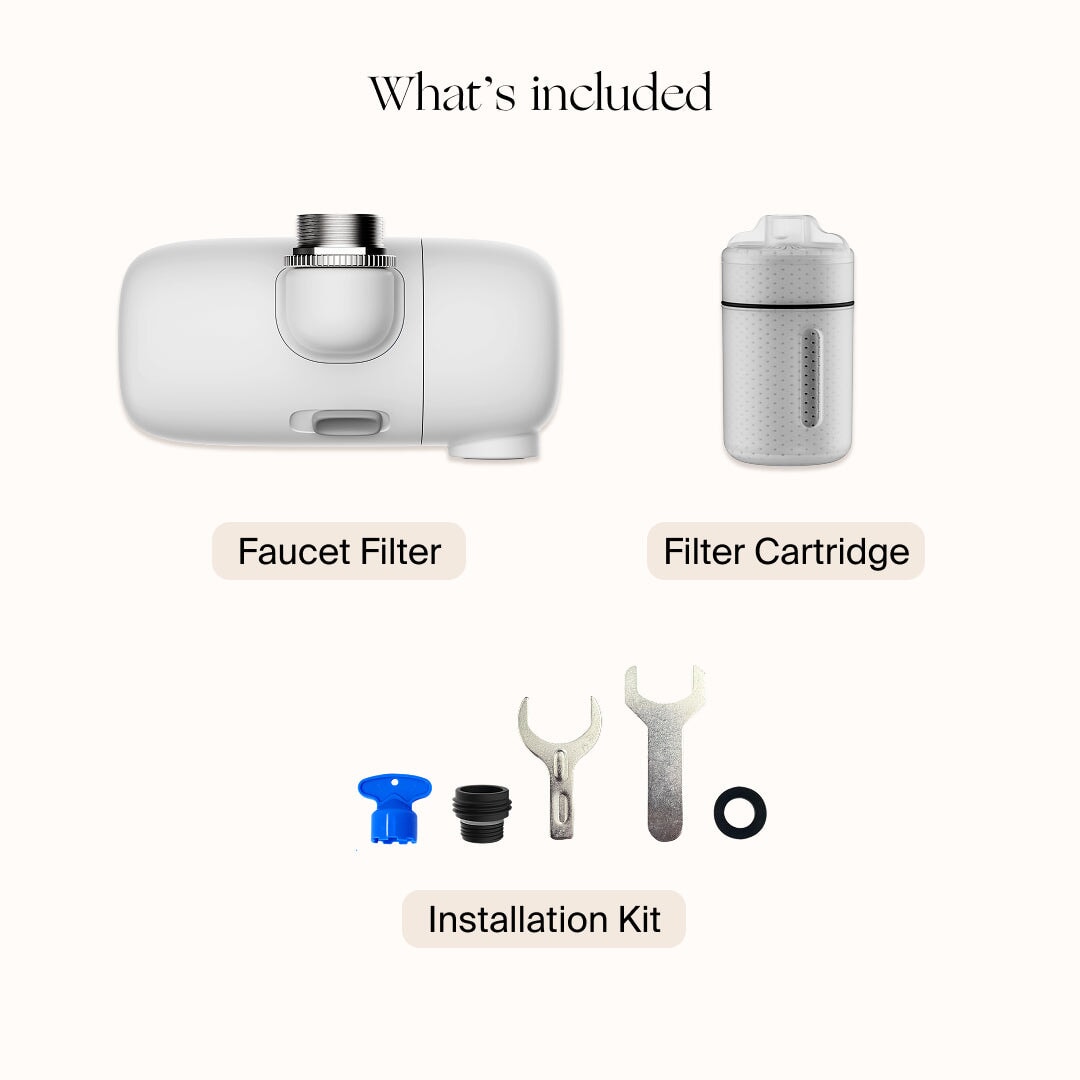 Image displays Canopy Faucet Filter package contents: white faucet filter, filter cartridge, installation kit with blue tool, black adapter, two wrenches, and black washer. Each item is labeled. Fulfilled by Canopy.