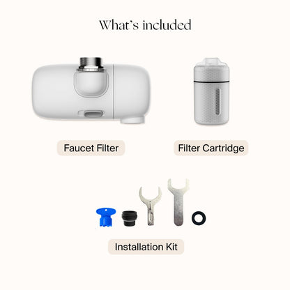 Image displays Canopy Faucet Filter package contents: white faucet filter, filter cartridge, installation kit with blue tool, black adapter, two wrenches, and black washer. Each item is labeled. Fulfilled by Canopy.
