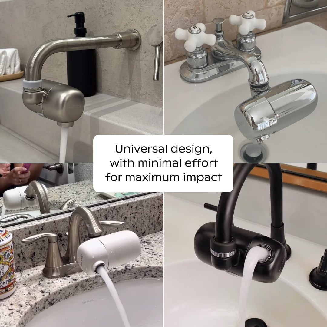 Four images display assorted faucets equipped with the Canopy Faucet Filter, a universal attachment that delivers smooth water flow. Center text states: "Universal design, with minimal effort for maximum impact." Fulfilled by Canopy.