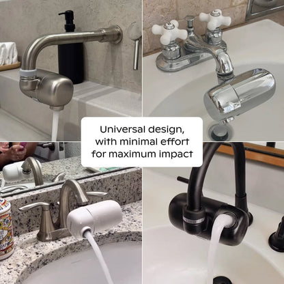 Four images display assorted faucets equipped with the Canopy Faucet Filter, a universal attachment that delivers smooth water flow. Center text states: "Universal design, with minimal effort for maximum impact." Fulfilled by Canopy.
