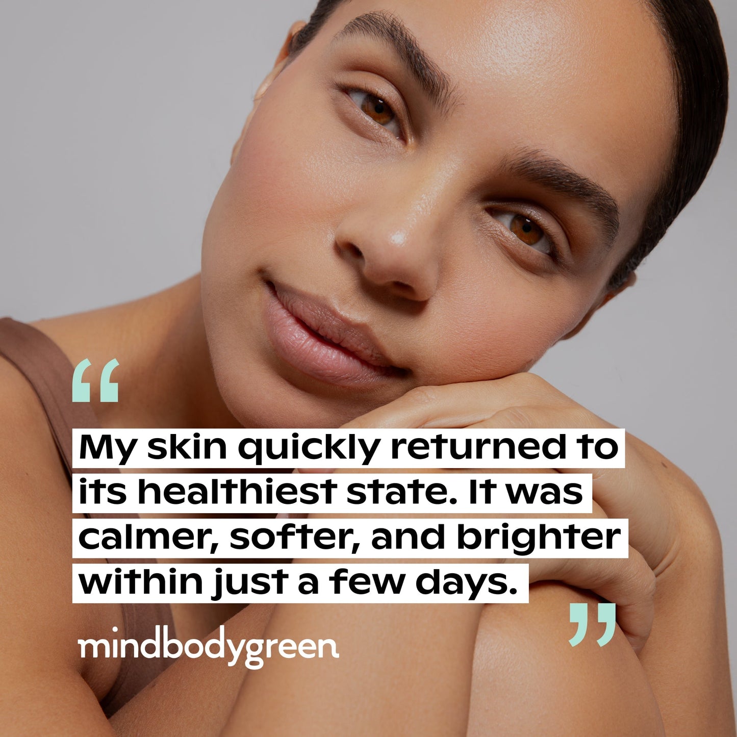 A woman with smooth, glowing skin rests her chin on her hand and looks at the camera. Overlaid text reads: "After using the Canopy Faucet Filter, my skin felt calmer, softer, and brighter within days." Fulfilled by Canopy.