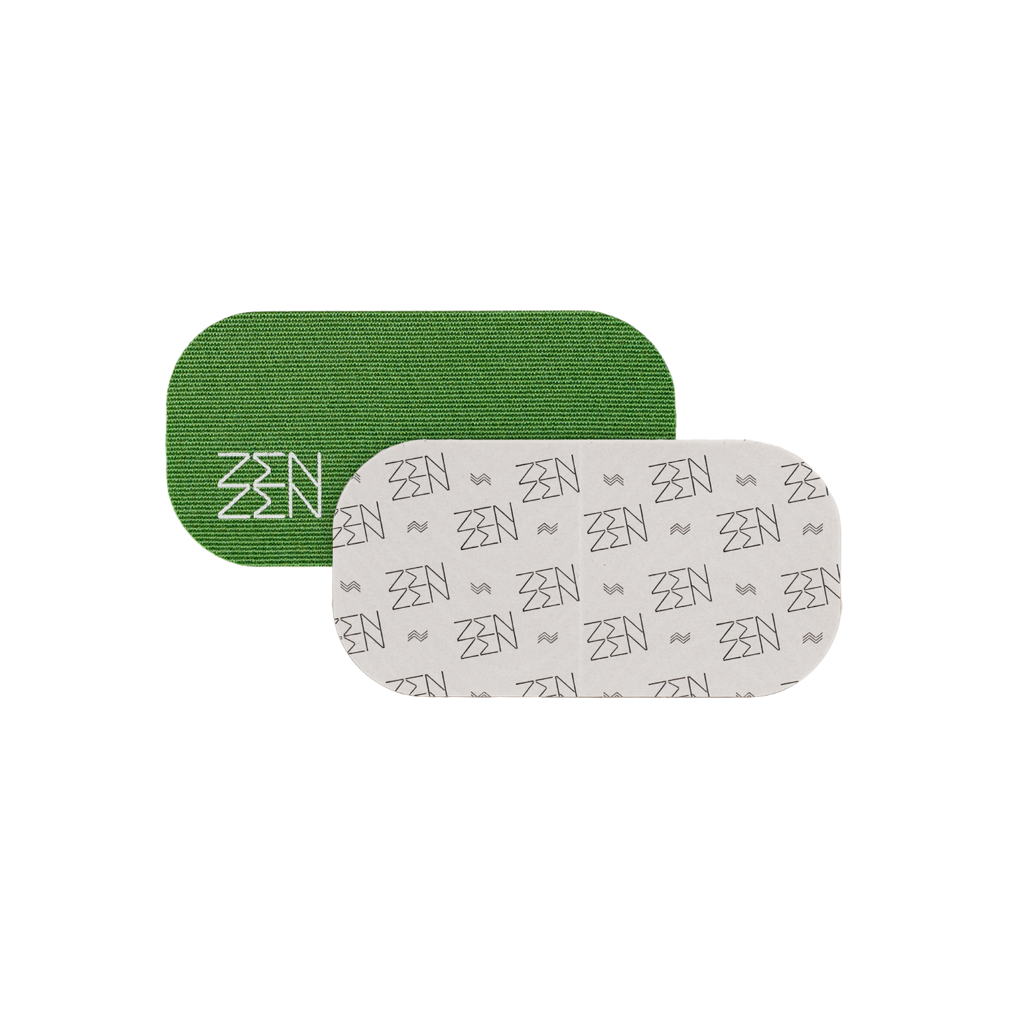 Two rounded rectangular patches overlap: a green patch with white "ZEN" (Zenzentape) logo and another with a repeating grey "ZEN" pattern on white. Both represent the Evergreen Mouthtape, designed for comfortable nasal breathing. Background is plain white.