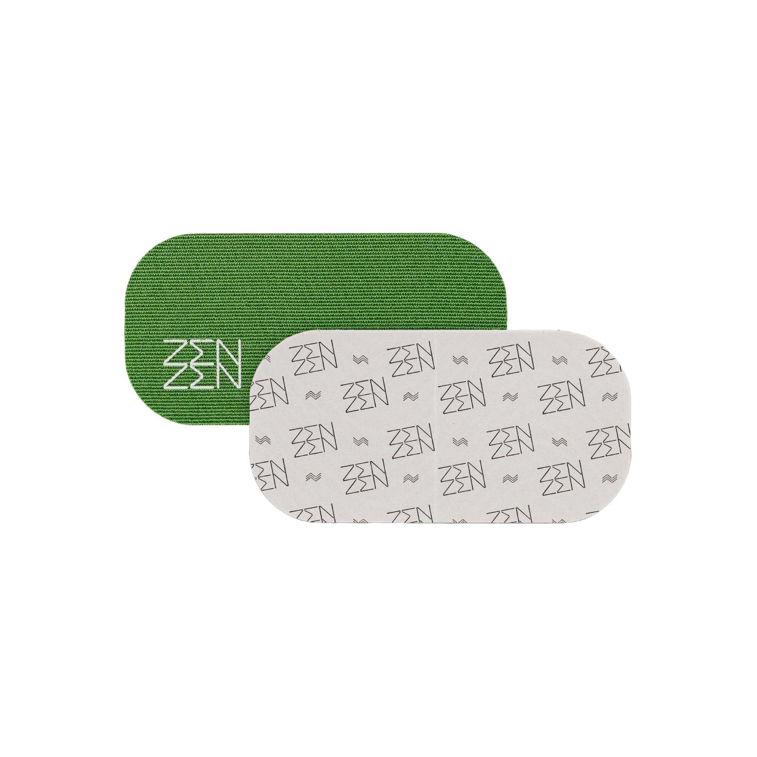 Two rounded rectangular patches overlap: a green patch with white "ZEN" (Zenzentape) logo and another with a repeating grey "ZEN" pattern on white. Both represent the Evergreen Mouthtape, designed for comfortable nasal breathing. Background is plain white.