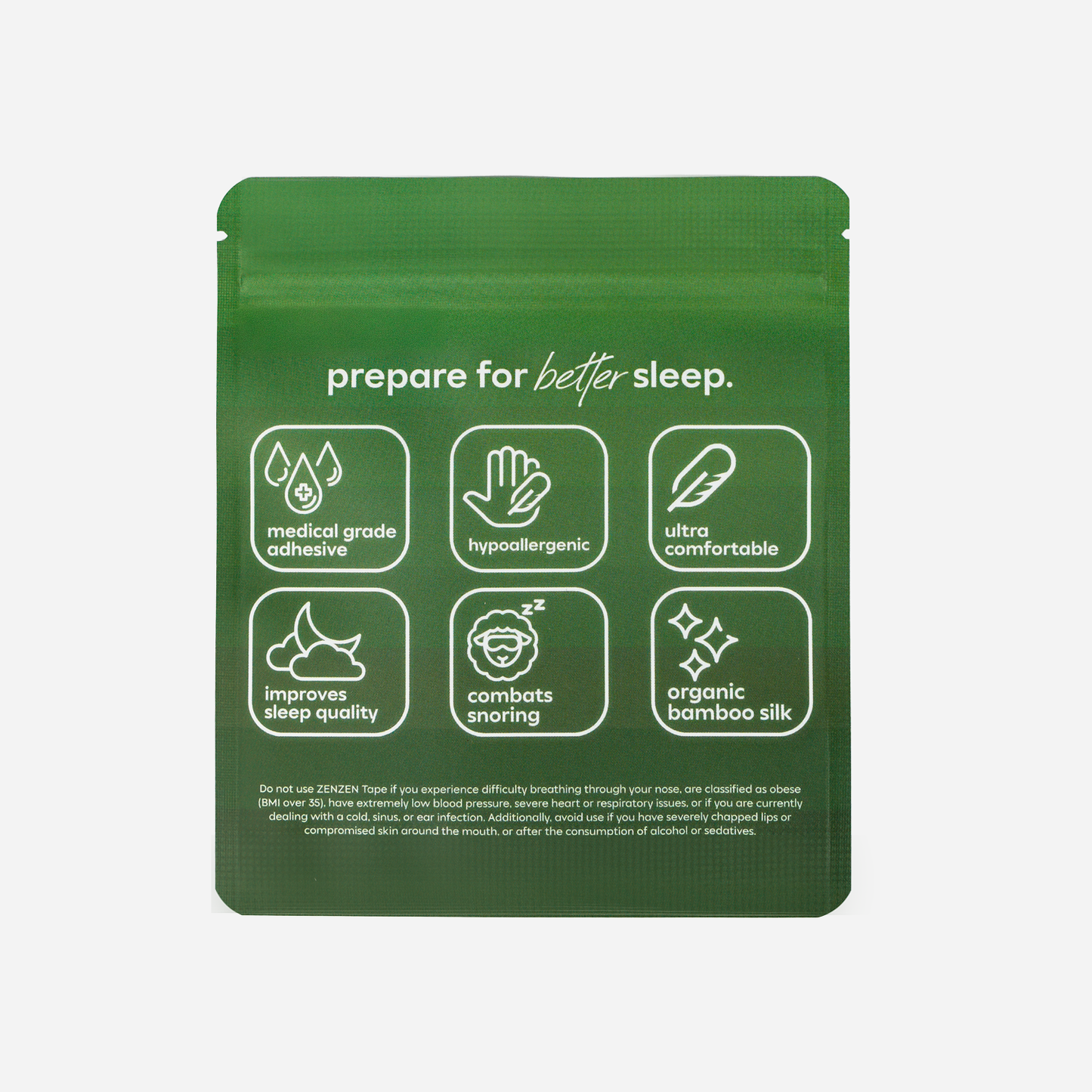 A green resealable pouch labeled "prepare for better sleep" contains Evergreen Mouthtape by Zenzentape, made from organic bamboo silk. Icons highlight medical grade adhesive, hypoallergenic design, comfort, sleep support, and snoring relief.