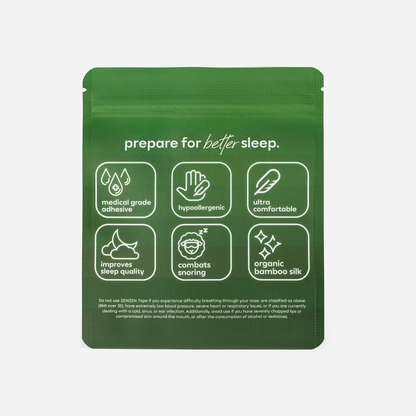 A green resealable pouch labeled "prepare for better sleep" contains Evergreen Mouthtape by Zenzentape, made from organic bamboo silk. Icons highlight medical grade adhesive, hypoallergenic design, comfort, sleep support, and snoring relief.