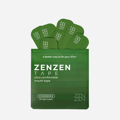 A green Zenzentape Evergreen Mouthtape packet shows four organic bamboo silk tapes inside. The label reads "EVERGREEN 30 night supply" and "a better way to fix your sleep" at the top.