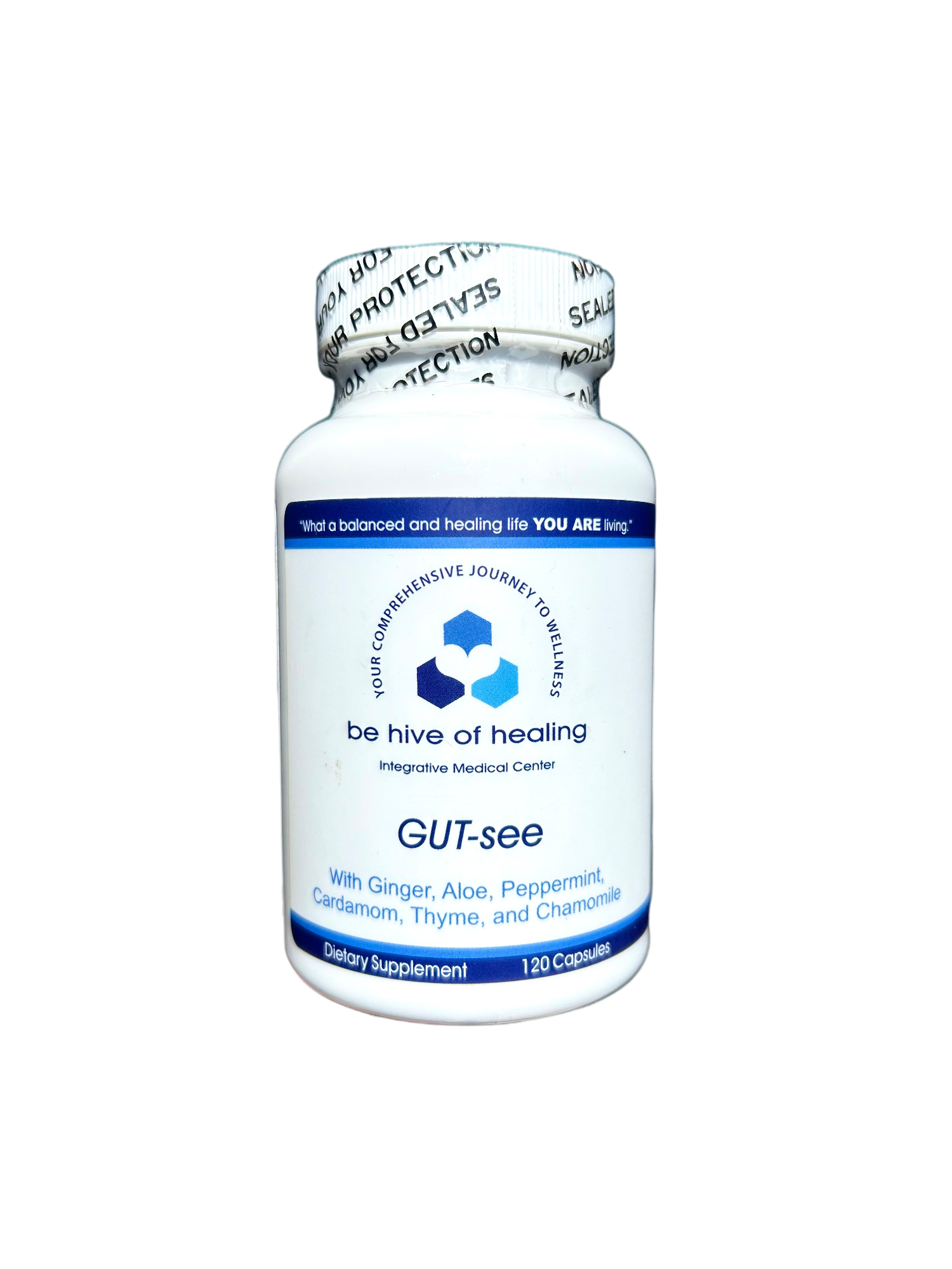 A white bottle labeled "Be Hive of Healing Wellness Store" with the product name "GUT-see - Digestion Supplement" contains an herbal blend of ginger, aloe, peppermint, cardamom, thyme, and chamomile. The bottle holds 120 capsules and is set against a black background.
