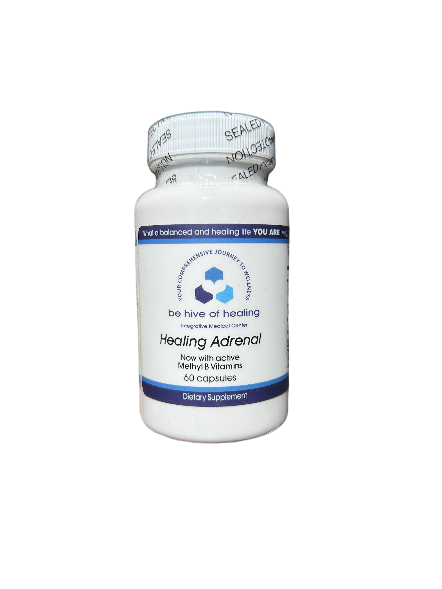 A white bottle with a blue label containing 60 capsules of "Healing Adrenal - Energizing Supplement" for adrenal support. The label mentions active Methyl B Vitamins and the brand "Be Hive of Healing Wellness Store". This adaptogen supplement comes with a sealed cap for protection.