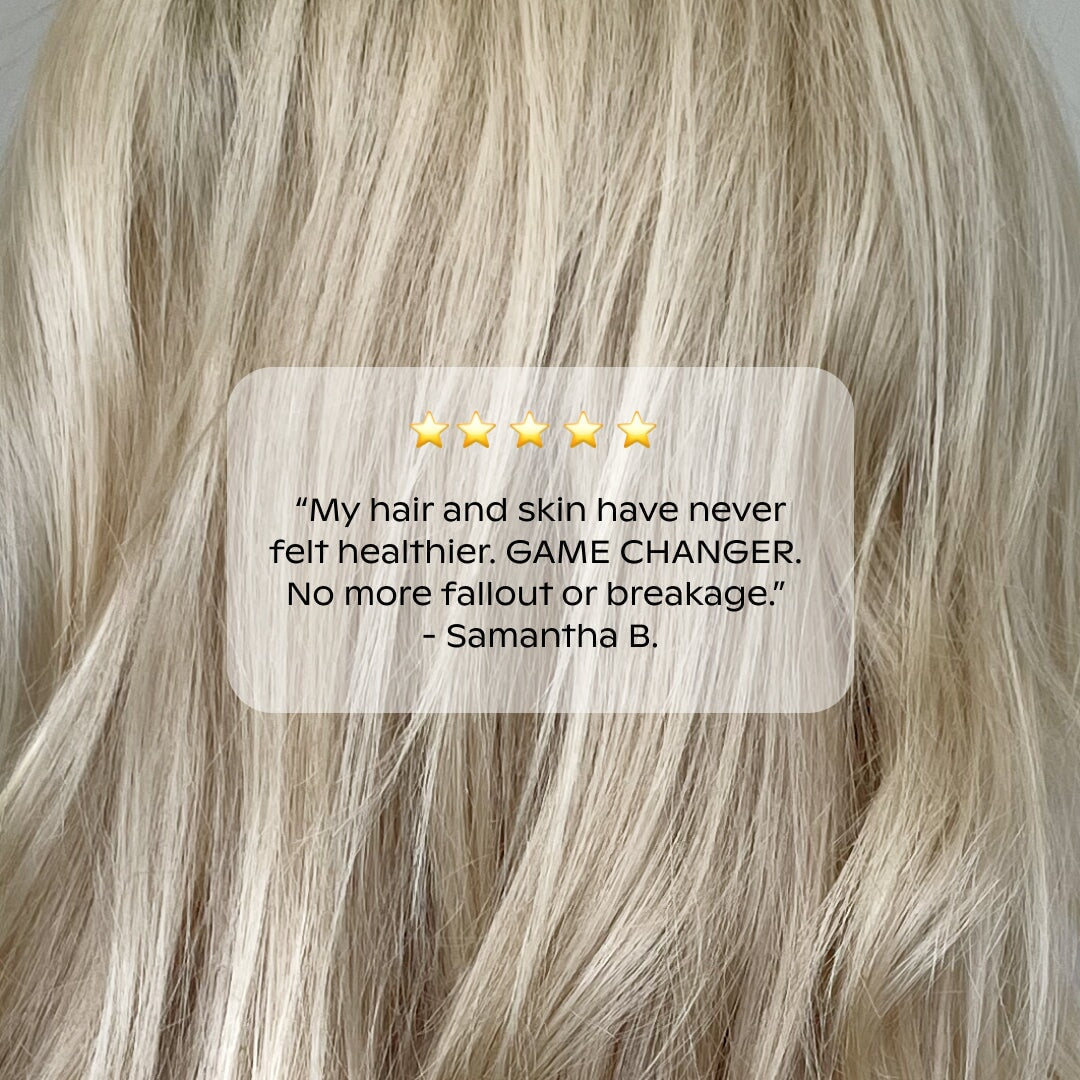 Close-up of blonde hair with testimonial overlay: "★★★★★ 'My hair and skin have never felt healthier under the Canopy Handheld Filtered Showerhead. GAME CHANGER. No more fallout or breakage.' – Samantha B.