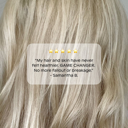 Close-up of blonde hair with testimonial overlay: "★★★★★ 'My hair and skin have never felt healthier under the Canopy Handheld Filtered Showerhead. GAME CHANGER. No more fallout or breakage.' – Samantha B.