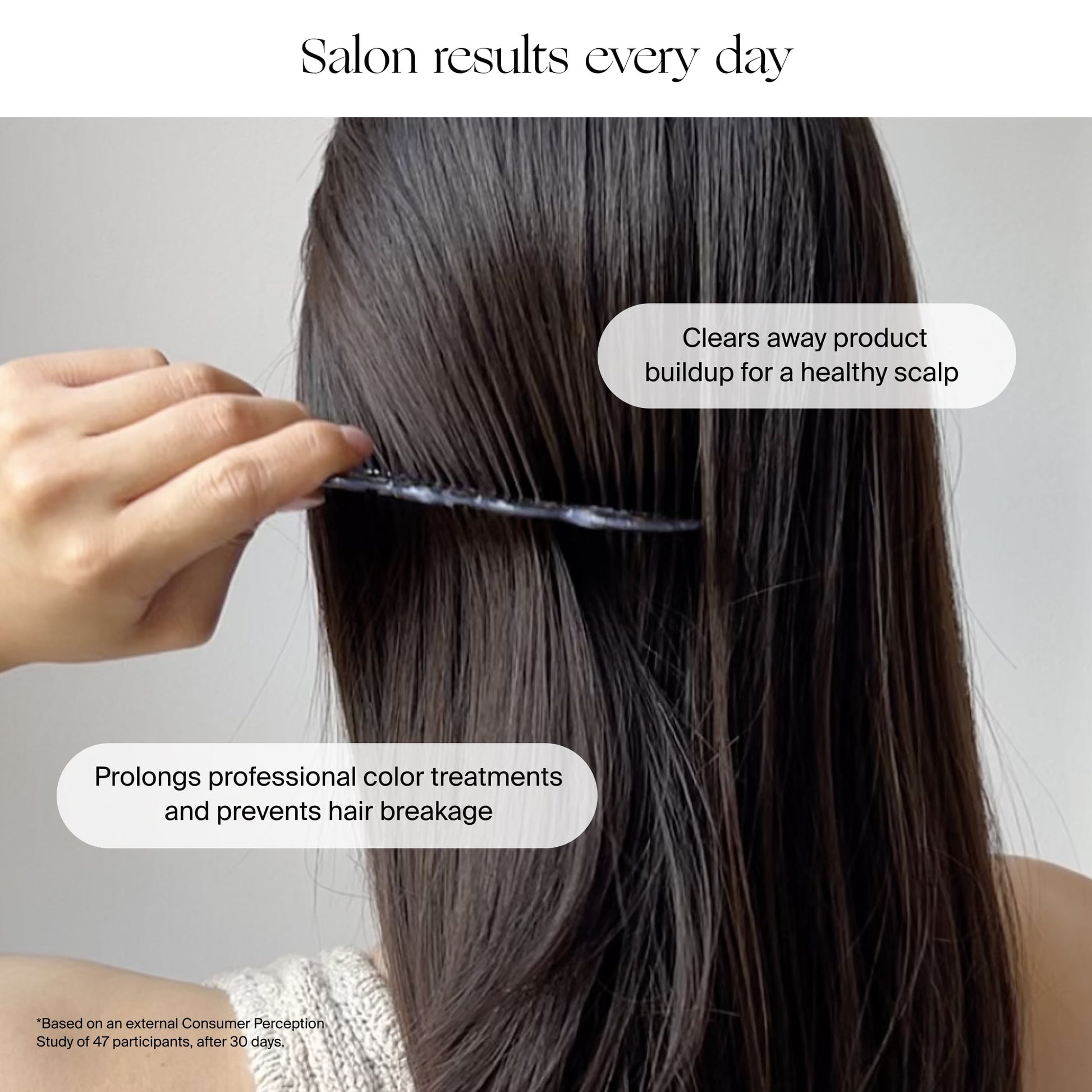 A person uses the Canopy Handheld Filtered Showerhead, with text bubbles showing its benefits: it removes scalp buildup, prolongs color treatments, and keeps hair healthy and vibrant.