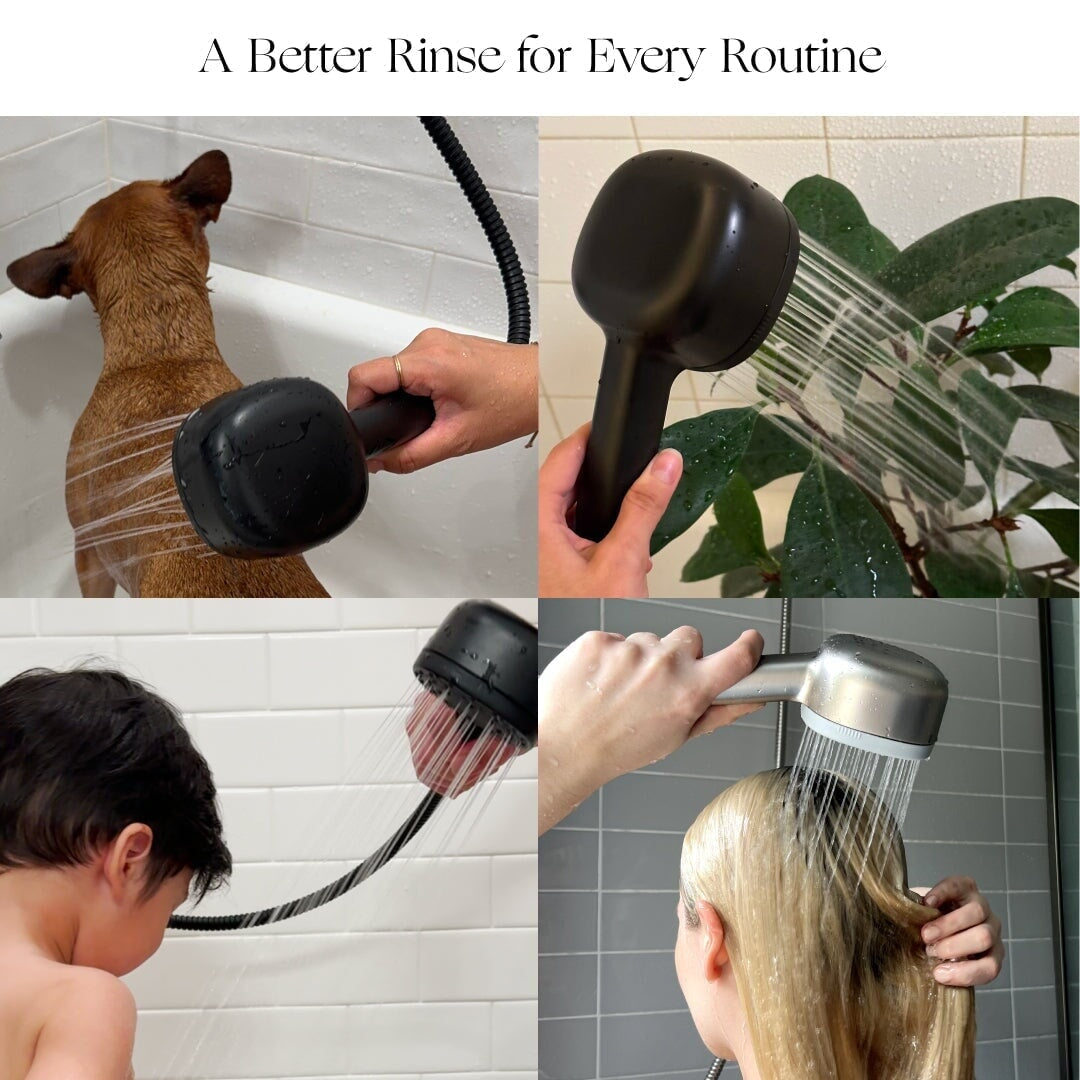 Four images display the Canopy Handheld Filtered Showerhead rinsing a dog, watering a plant, washing a child’s back, and rinsing a woman’s hair under the headline “A Better Rinse for Every Routine.” Fulfilled by Canopy for your convenience.