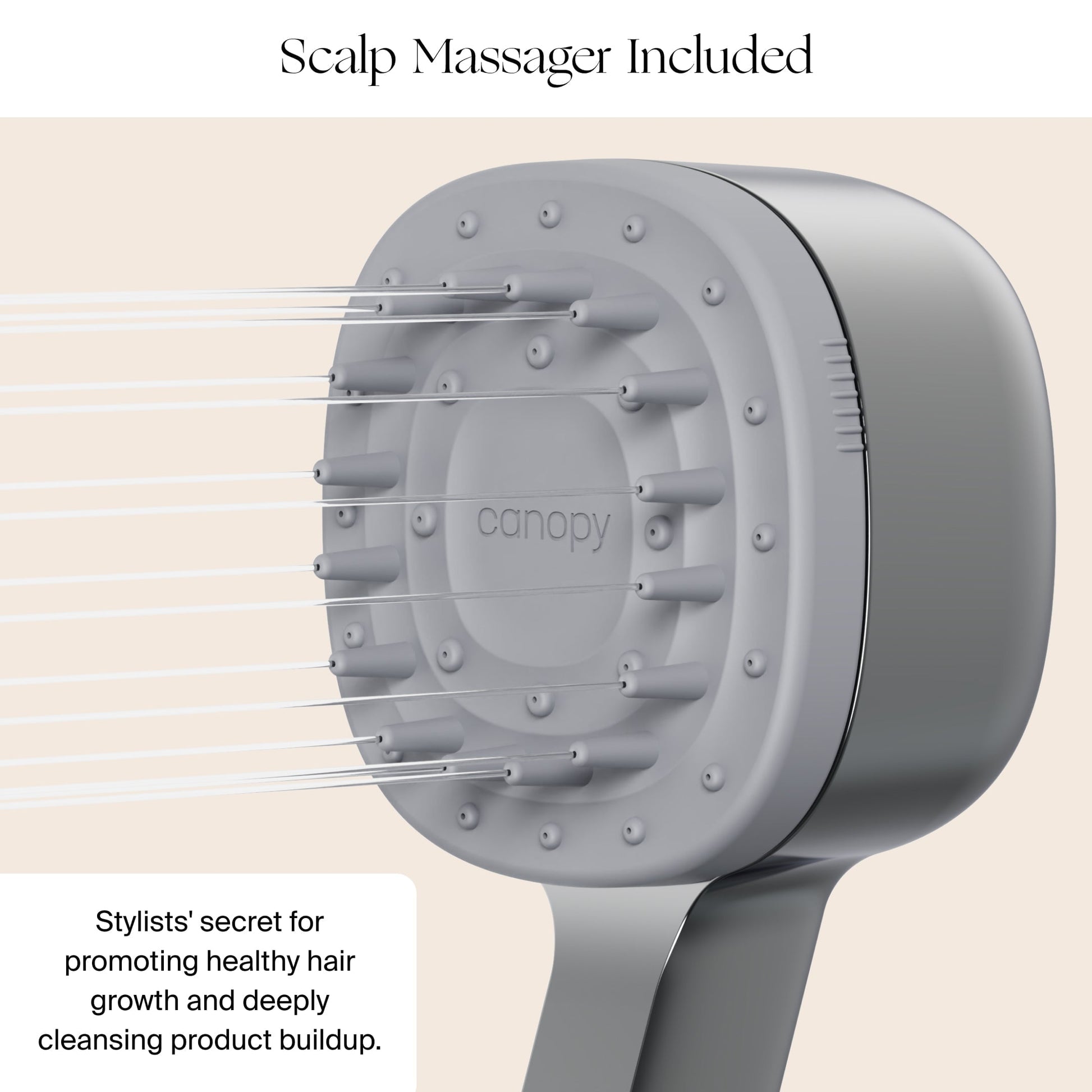 A close-up of the Canopy Handheld Filtered Showerhead with "Scalp Massager Included" above and a note below highlighting its benefits for clean, healthy hair. Fulfilled by Canopy.