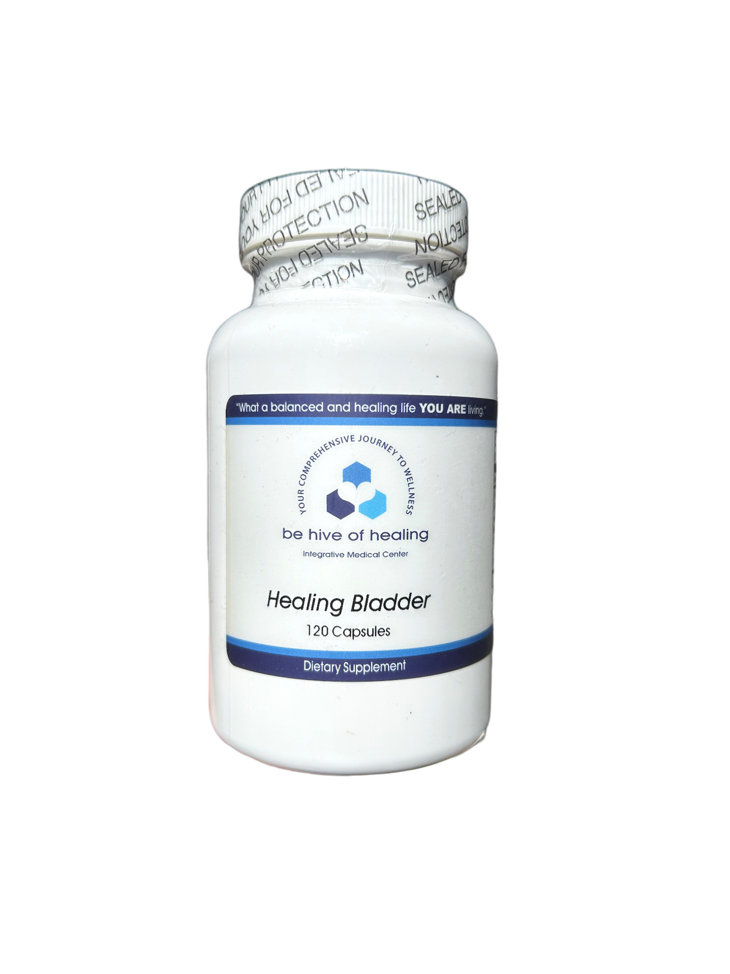 A white bottle labeled "Healing Bladder - UTI Support Supplement" from the "Be Hive of Healing Wellness Store" contains 120 capsules. The blue and white branding indicates its purpose as a dietary supplement aimed at alleviating frequent urination. The bottle is sealed with security tape for your safety.